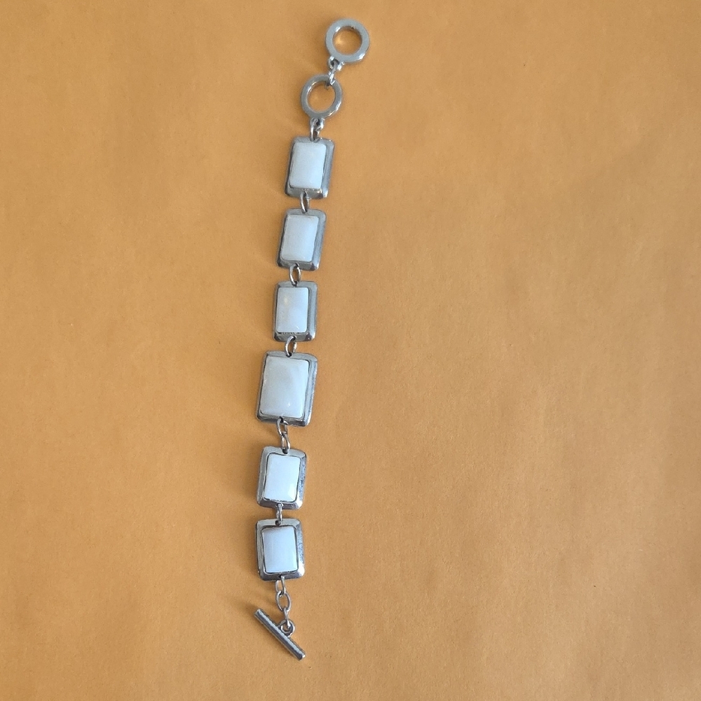 Silver And White Rectangular Link Bracelet - image 1